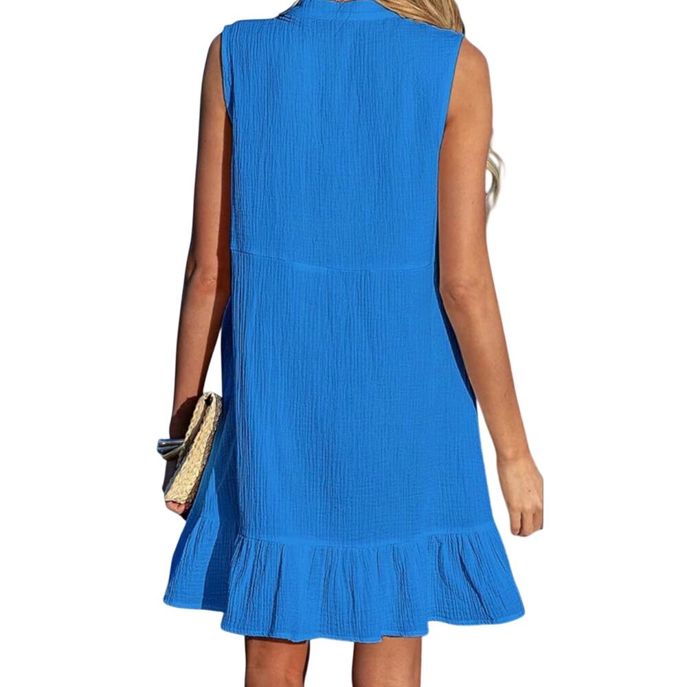 New Sleeveless Ruffled Hem Blue Mini Notched neckline & button top flat collar - Picture 3 of 8